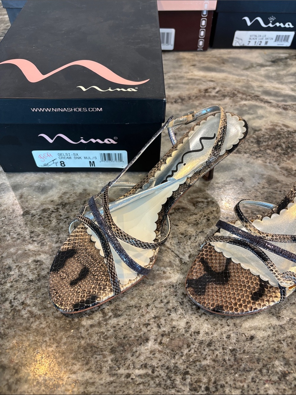 Nina Snake-Print Strappy Slingback Heels in Brown and Cream